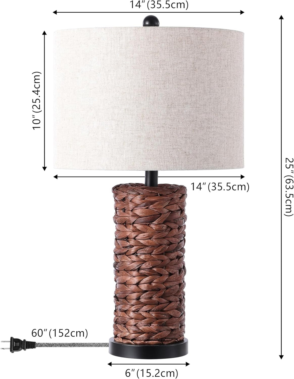 JONATHAN Y 25' Dark Brown Coastal Water Hyacinth Table Lamp Set of 2, Bedside Lamp with Light Grey Linen Shade, Boho Farmhouse Decor for Living Room Nightstand, LED Bulbs (JYL6502B-SET2)