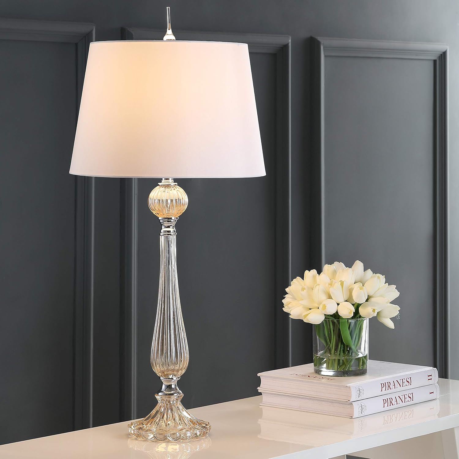 JONATHAN Y 32.5' Champagne Glass Table Lamp Set of 2 for Living Room Bedroom, Traditional French Country Bedside Lamps with White Faux Silk Shade, LED Bulbs Included JYL2067A-SET2