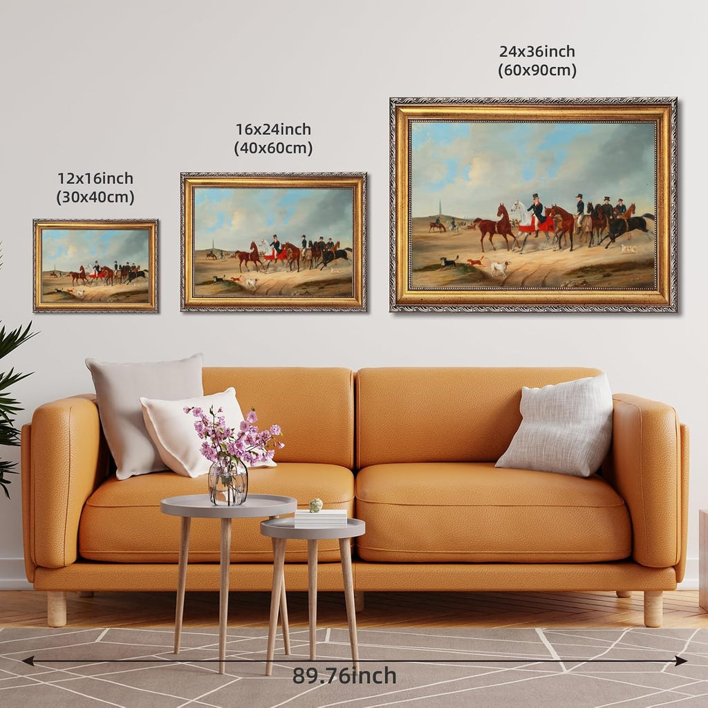 Large Framed Cavalcade with Dogs By August von Rentzel Canvas Wall Art Vintage European Hunting Oil Paintings Reproduction Poster Fox Hunt Equestrian Scene Artwork Prints Home Decor 24x36inch
