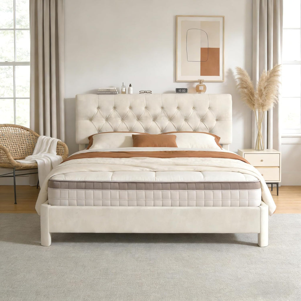 Vipbear Full Bed Frame with Button Tufted Headboard, Velvet Fabric Upholstered Platform Bed, Wooden Slats Support, Adjustable Headboard, Noise Free, Easy Assembly, No Box Spring Needed, Beige