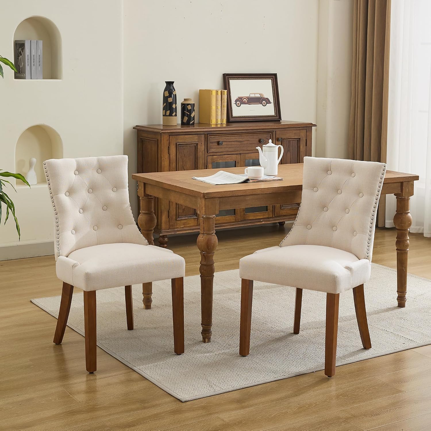 adochr Dining Chairs Set of 6, Modern Mid Century Kitchen Chairs with Wooden Legs & Linen Fabric Back, Dining Room Chairs with Pull Rings & Nailhead Trim, Beige