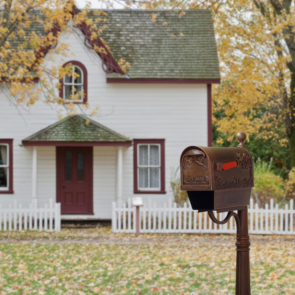 Special Lite Hummingbird Curbside Mailbox with Paper Tube and Ashland Post - Copper Aluminum Mailbox for Post Mount - SCB2005-SPK600-CP