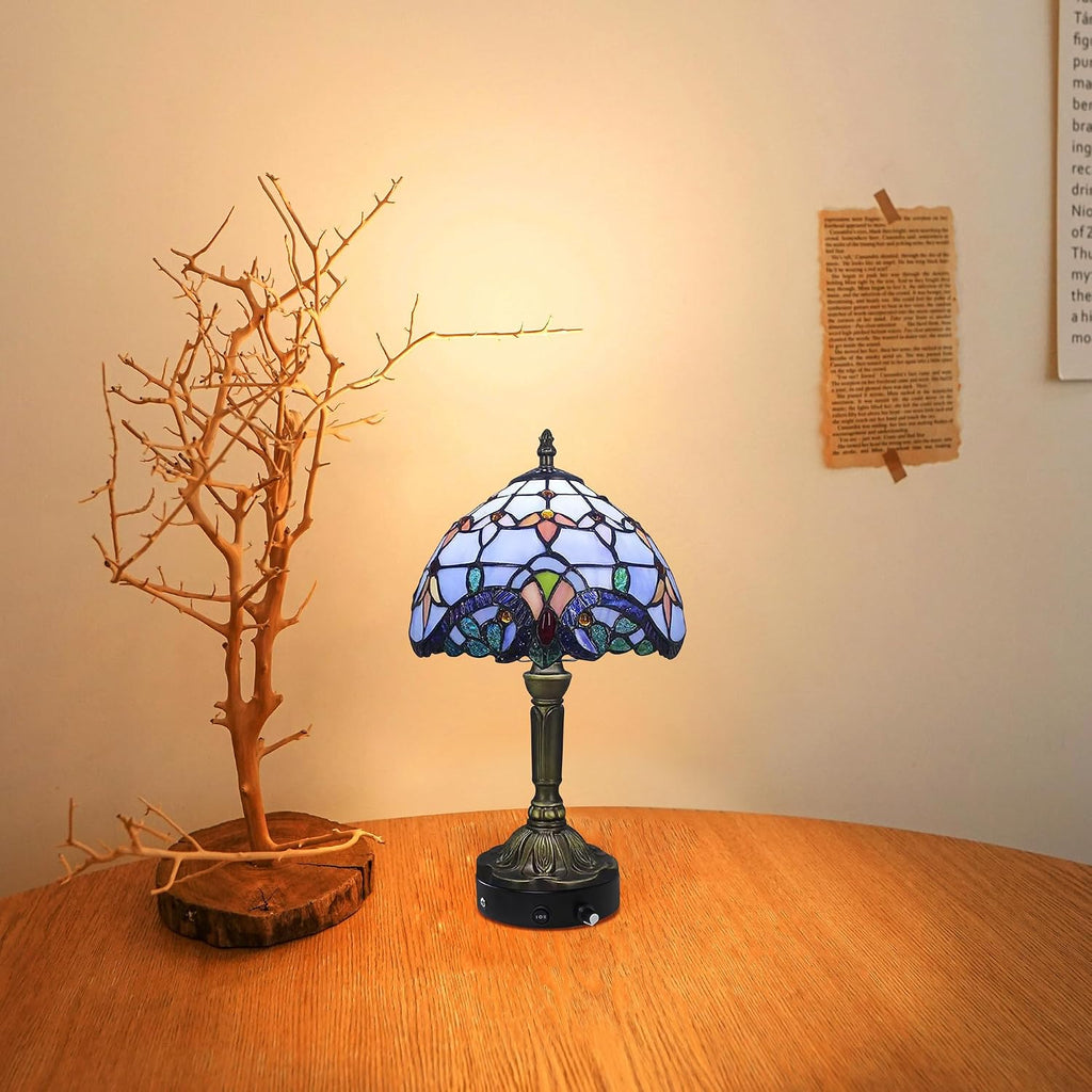 Kiven Cordless Table Lamp,1-Light Dimmable Bedside Lamps for Nightstand with Glass Lampshade, Cordless Tiffany Lamp for Reading Home Decor Bedside TD0873