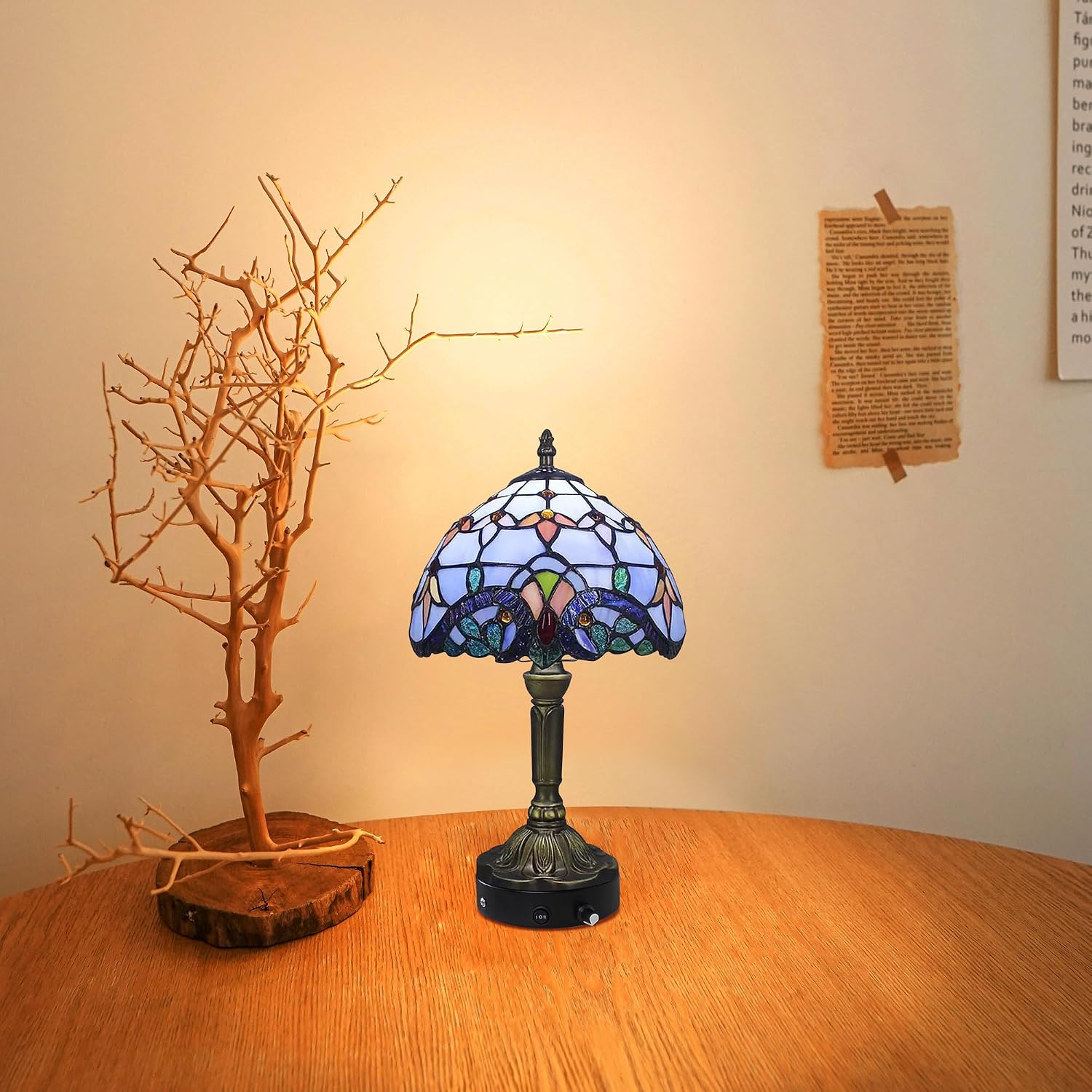 Kiven Cordless Table Lamp,1-Light Dimmable Bedside Lamps for Nightstand with Glass Lampshade, Cordless Tiffany Lamp for Reading Home Decor Bedside TD0873