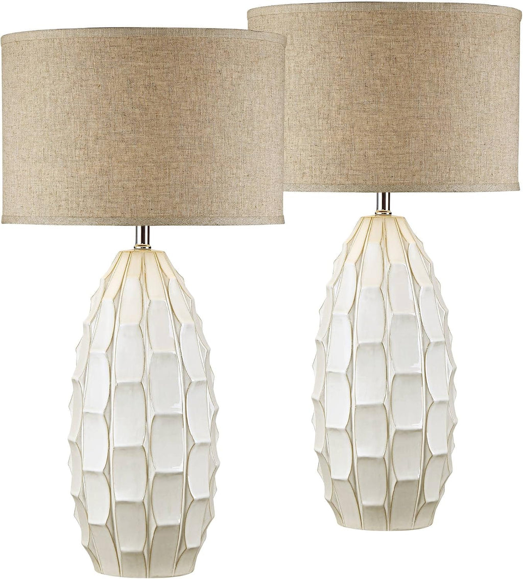 Possini Euro Design Cosgrove 32 3/4' Tall Oval Large Mid Century Modern Coastal End Table Lamps Set of 2 White Ceramic Living Room Bedroom Bedside Nightstand House Beige Shade (Colors May Vary)