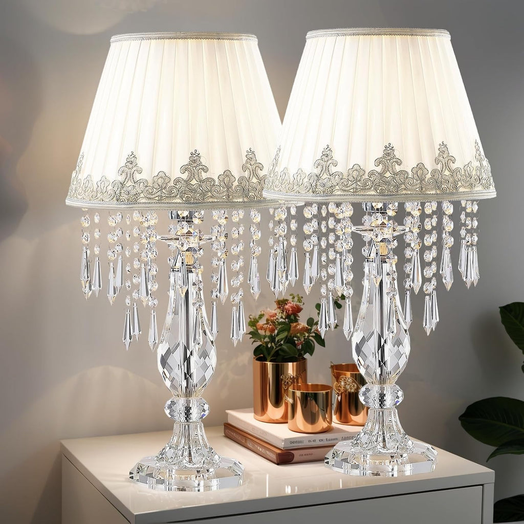 Siljoy Crystal Table Lamp Set of 2, 22.8'' Tall Modern Crystal Bedside Table Lamp, Farmhouse Dimmable Nightstand Lamp with Raindrop K9 Crystals for Living Room Dining Room Bedroom