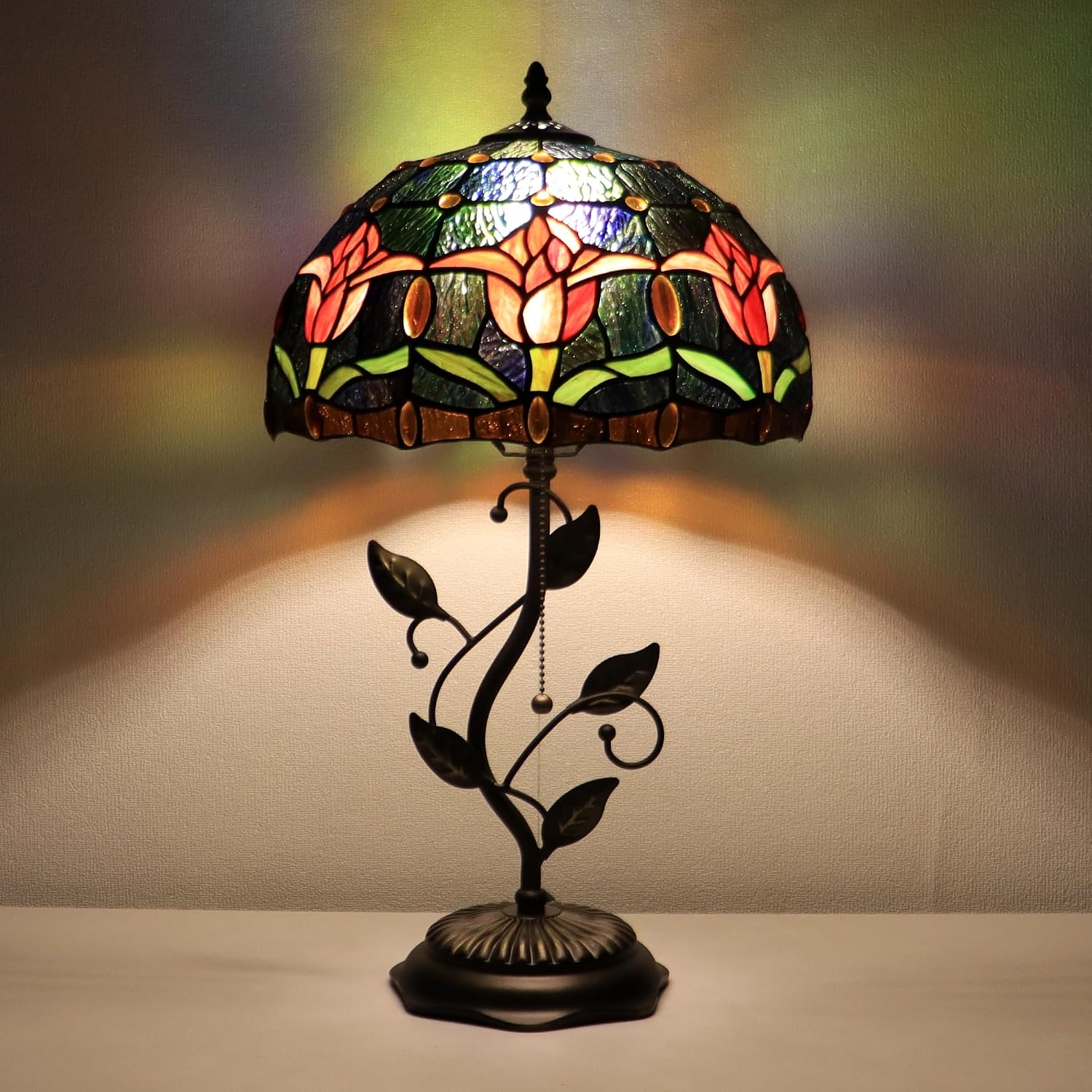 Tiffany Lamp Red Tulip Style Stained Glass Table Lamp Desk Bedside Reading Light 12X12X19 Inches with Metal Leaf Base