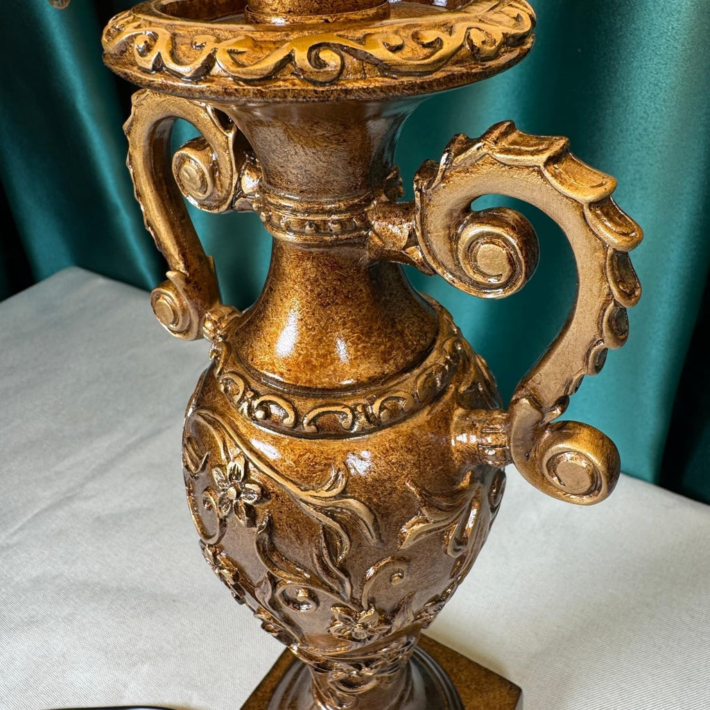 SEESIRHOP Vintage Table Lamp Flower 1 Light Floral Victorian Lamp Beaded Fringe Lamp Brown Fabric Lampshade European Nightstand Lamp with Lace