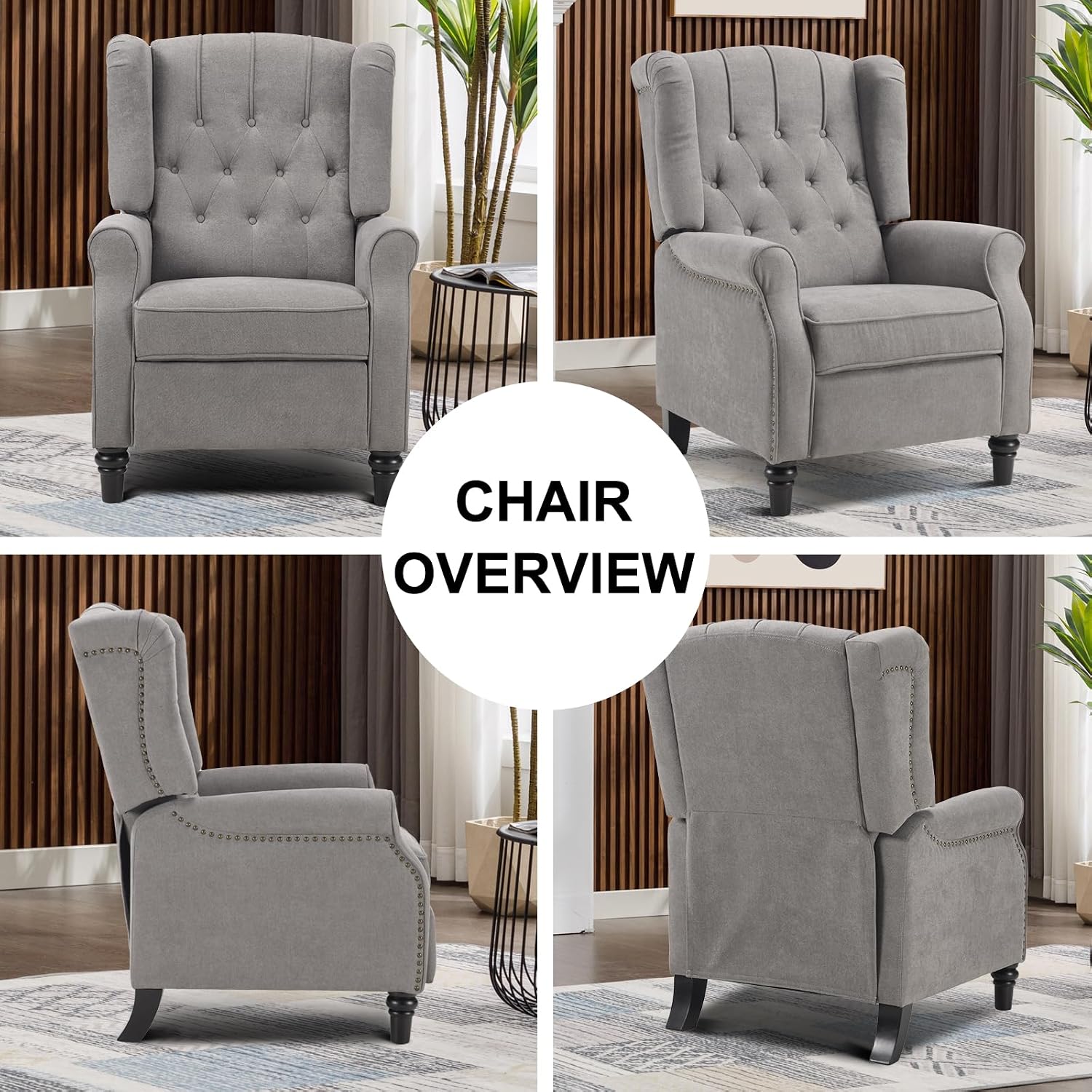 EBELLO 2 Pcs Pushback Recliner Chairs, Fabric Armchair Push Back Recliner with Rivet Decoration, Single Sofa Accent Chair for Living Room, Bedroom, Grey