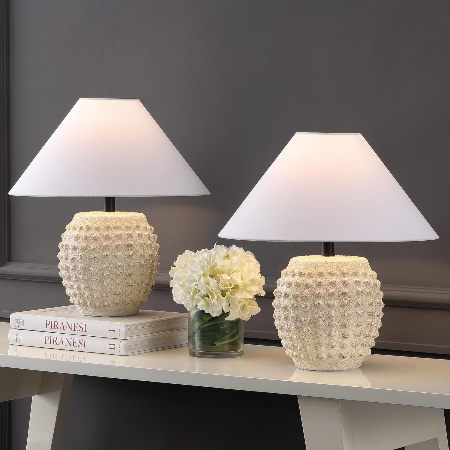 JONATHAN Y 18.25' Matte Cream Ceramic Hobnail Table Lamp Set of 2 for Bedroom, Modern Minimalist Farmhouse Bedside Nightstand Lamps, White Linen Shade, LED Bulbs Included (JYL5601B-SET2)