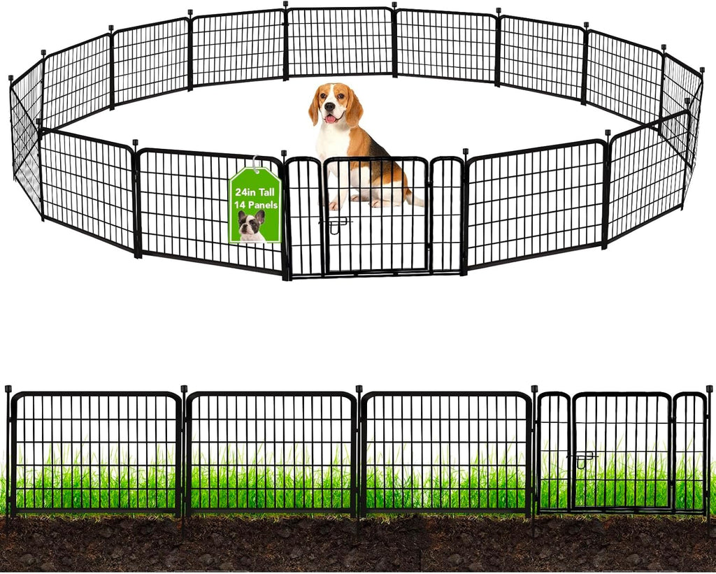 ADAVIN 24 in(H) Garden Fence with Gate, 14 Panels Heavy Duty Iron Metal Animal Barrier Fence, Camping Fence, Garden Fences and Borders for Dogs,Total 34.5 Ft(L), Black