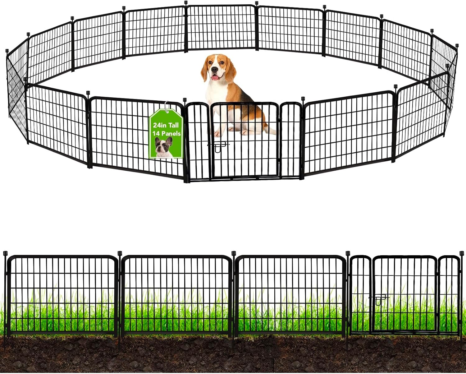 ADAVIN 24 in(H) Garden Fence with Gate, 14 Panels Heavy Duty Iron Metal Animal Barrier Fence, Camping Fence, Garden Fences and Borders for Dogs,Total 34.5 Ft(L), Black