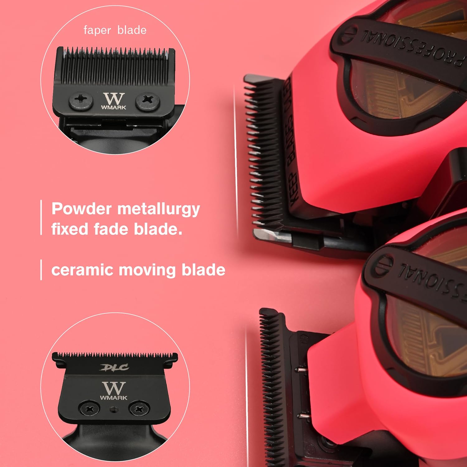 WMARK Professional 2-Piece Haircut Kit for Barber - High-Speed Clipper (7500/8500rpm) & Detail Trimmer (6500/7500rpm), Ceramic Blades, Rechargeable Lithium-Ion Batteries, NG-8613 KIT (Pink)