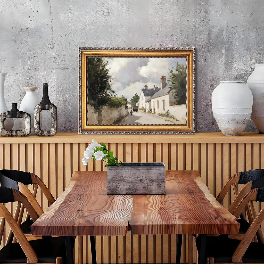 Large Framed Vintage Irish Cottage Street Oil Painting Poster Retro European Village Landscape Canvas Wall Art Sunlit Countryside Path Artwork Prints for Rusitc Farmhouse Home Decor 24x36inch