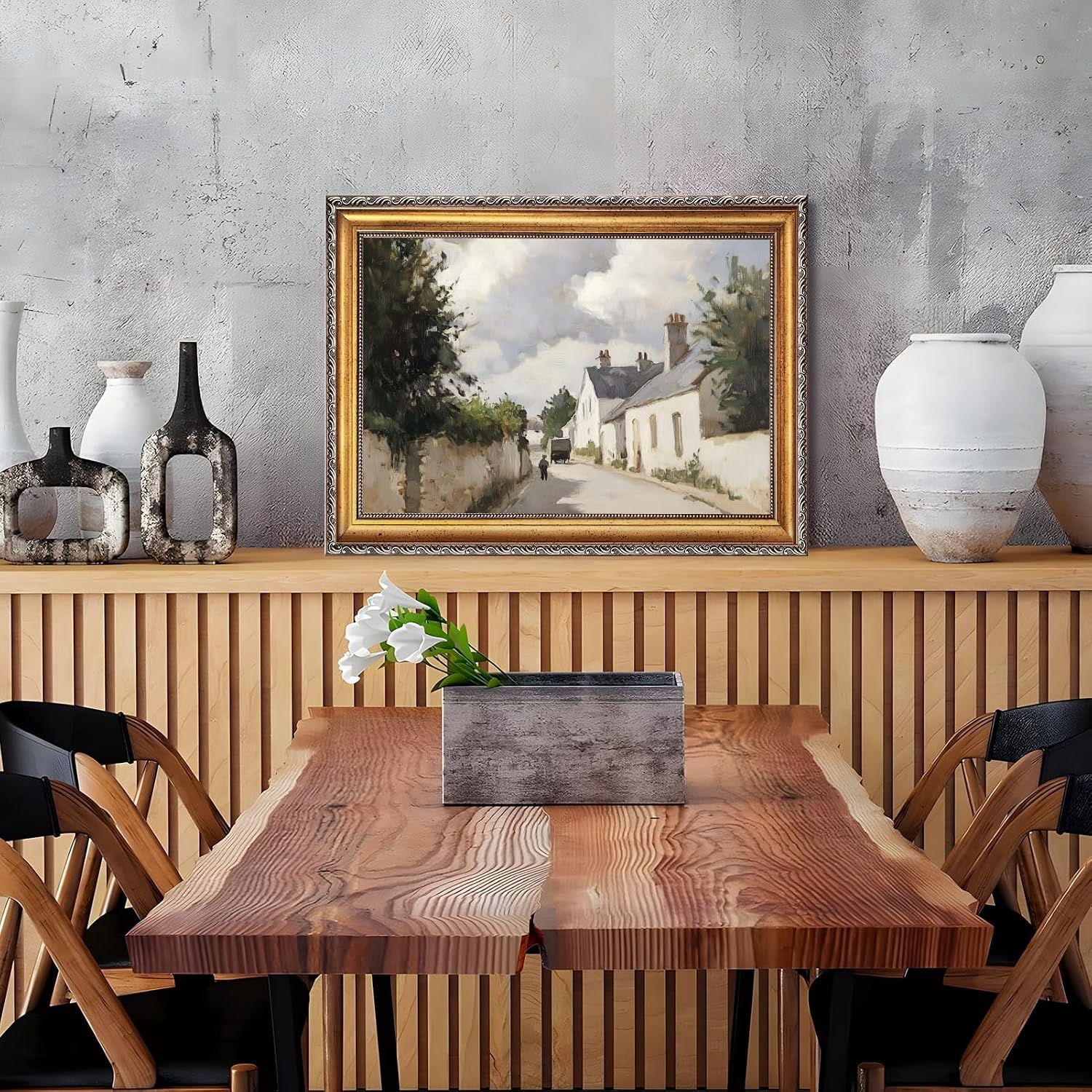 Large Framed Vintage Irish Cottage Street Oil Painting Poster Retro European Village Landscape Canvas Wall Art Sunlit Countryside Path Artwork Prints for Rusitc Farmhouse Home Decor 24x36inch