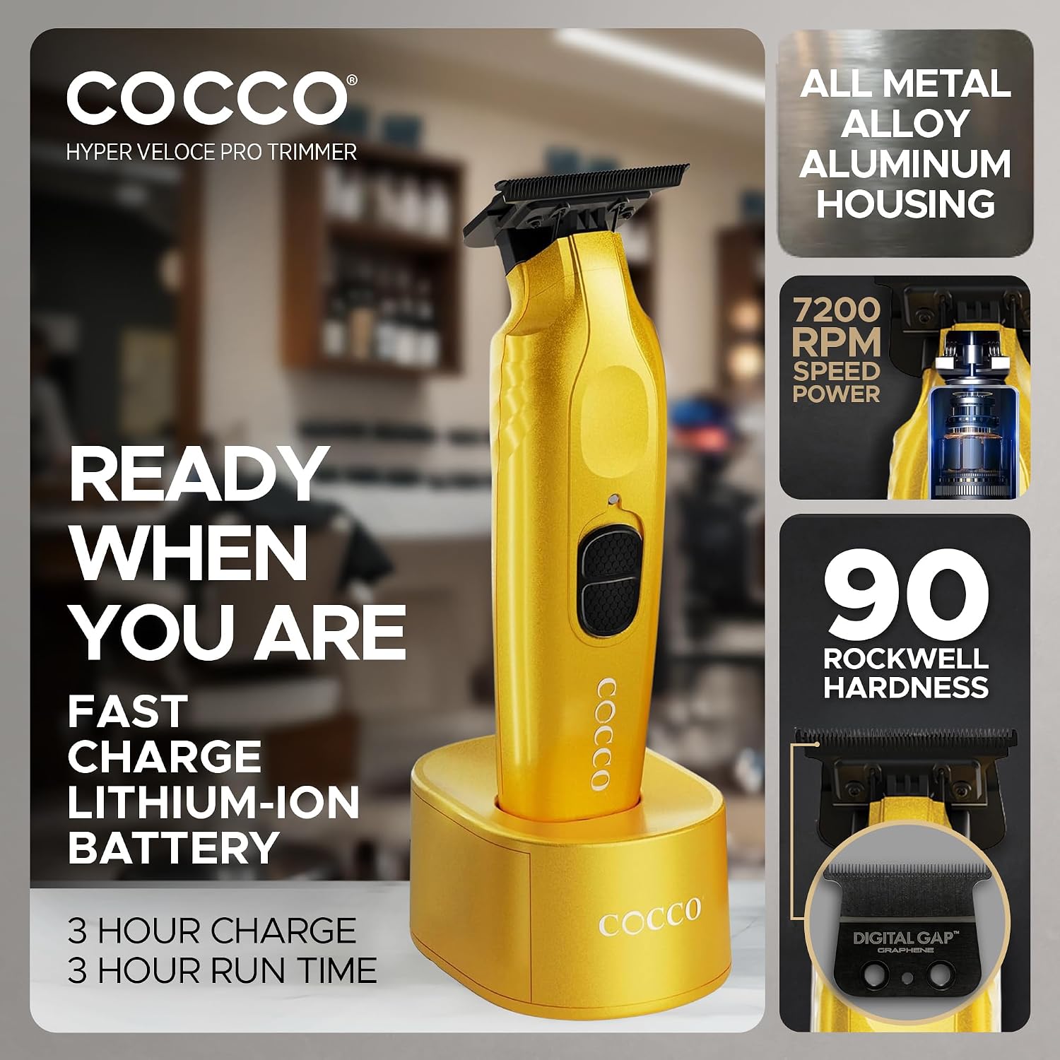 Cocco Hyper Veloce Pro Trimmer, Digital Gap Graphene Blade Edger, High-Torque Brushless BLDC Motor, Cordless, All-Metal Design, Lithium-Ion Battery, Charging Base Included