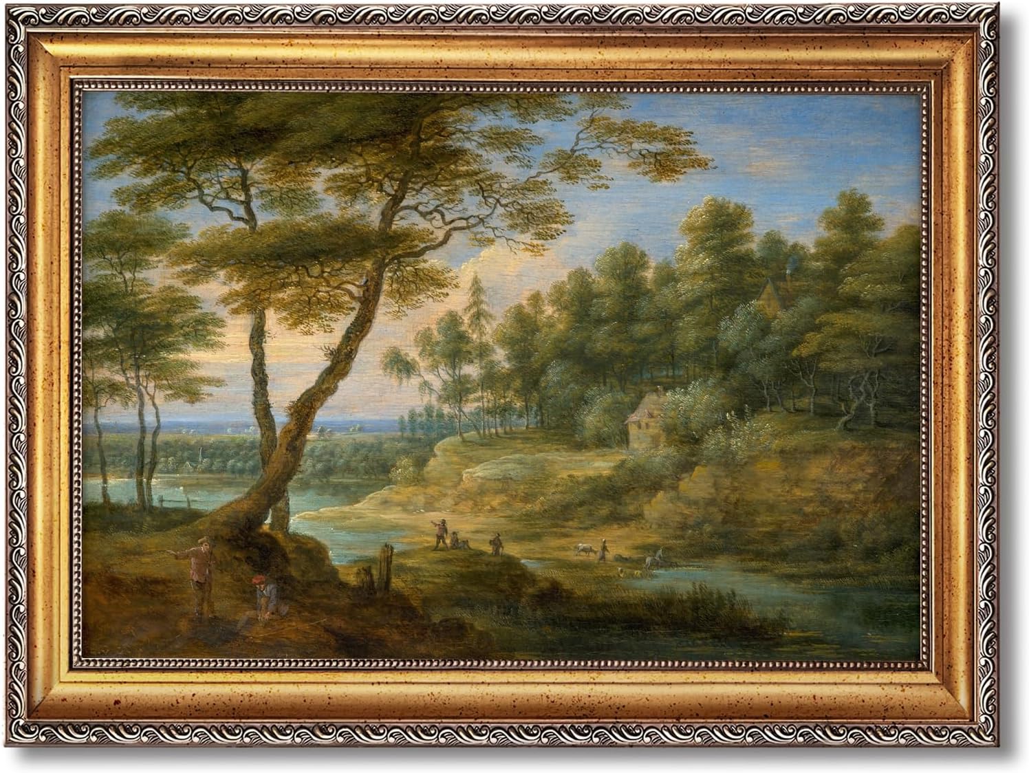 Framed Classical Forest Landscape Painting with Shepherds Canvas Wall Art Print European Countryside Poster Trees and Meadows Picture Vintage Farmhouse Scenic Artwork Decor for Home Office 24x36inch