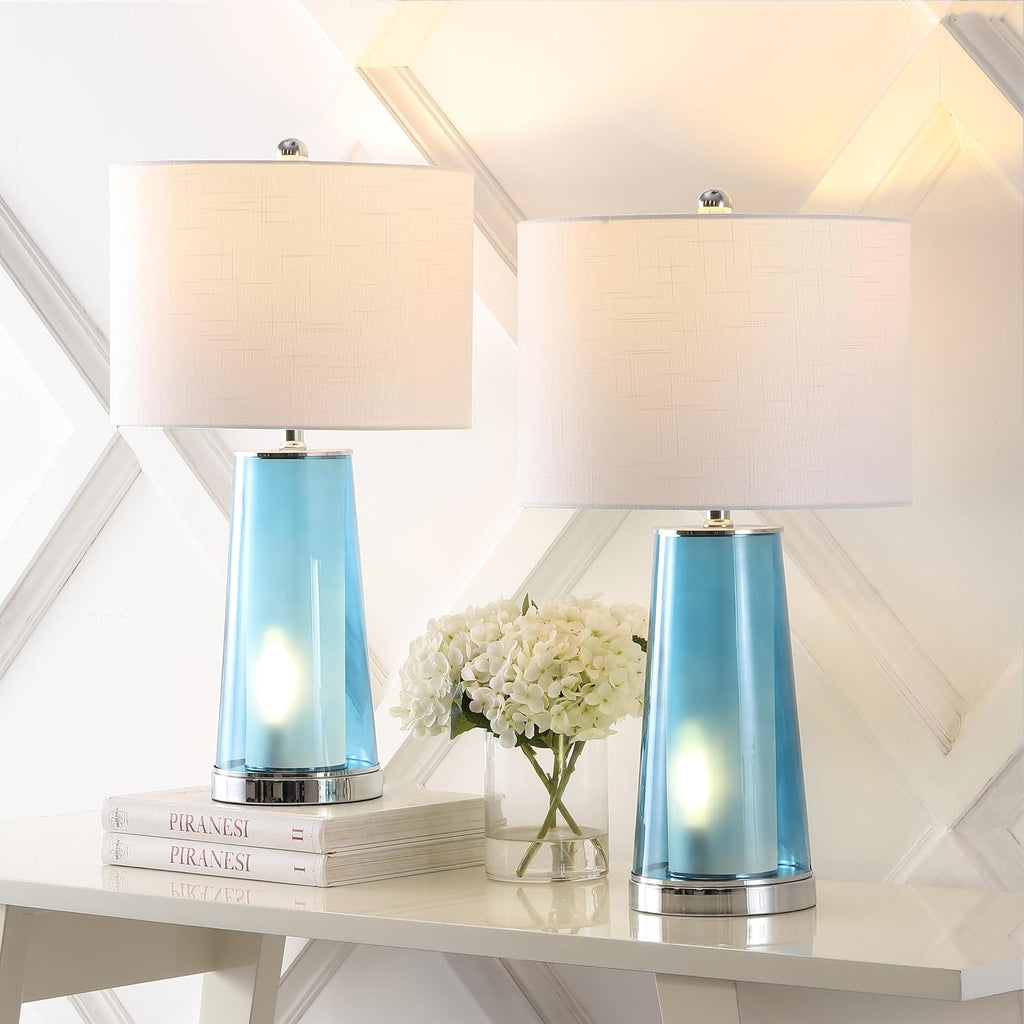 JONATHAN Y 26' Chrome/Clear Blue Nightlight Table Lamp Set of 2 for Bedroom, Modern Glass Desk Lamps with White Fabric Shade, Farmhouse Living Room Decor, LED Bulbs Included (JYL1137B-SET2)