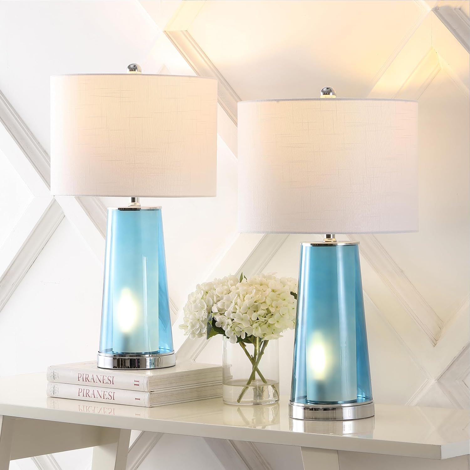 JONATHAN Y 26' Chrome/Clear Blue Nightlight Table Lamp Set of 2 for Bedroom, Modern Glass Desk Lamps with White Fabric Shade, Farmhouse Living Room Decor, LED Bulbs Included (JYL1137B-SET2)