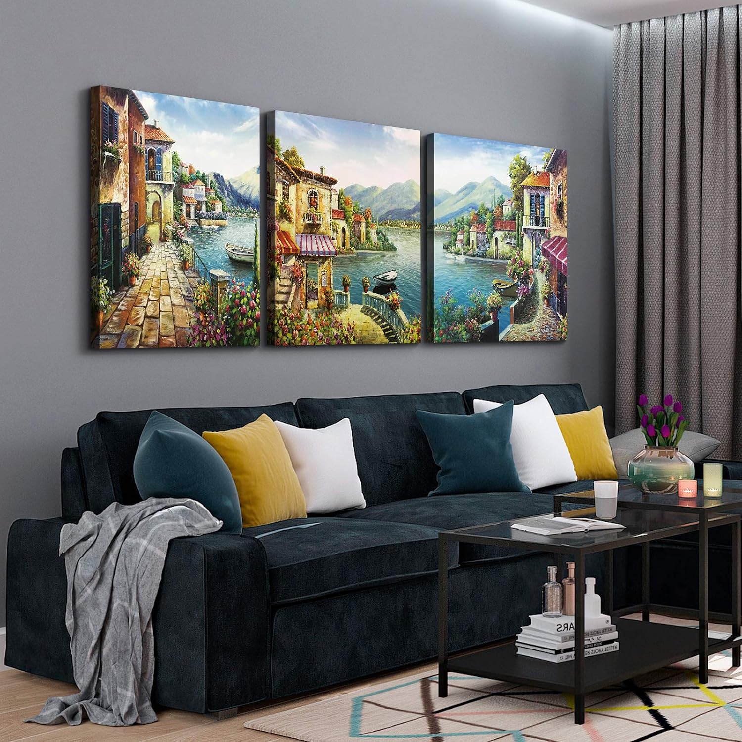 Denozer 3 Piece Canvas Wall Art - European Town Canvas Wall Art - Coastal Flower Garden Artwork Painting Reproduction Print for Office Gallery Wrapped Ready to Hang (30'x40' x 3 Panel)
