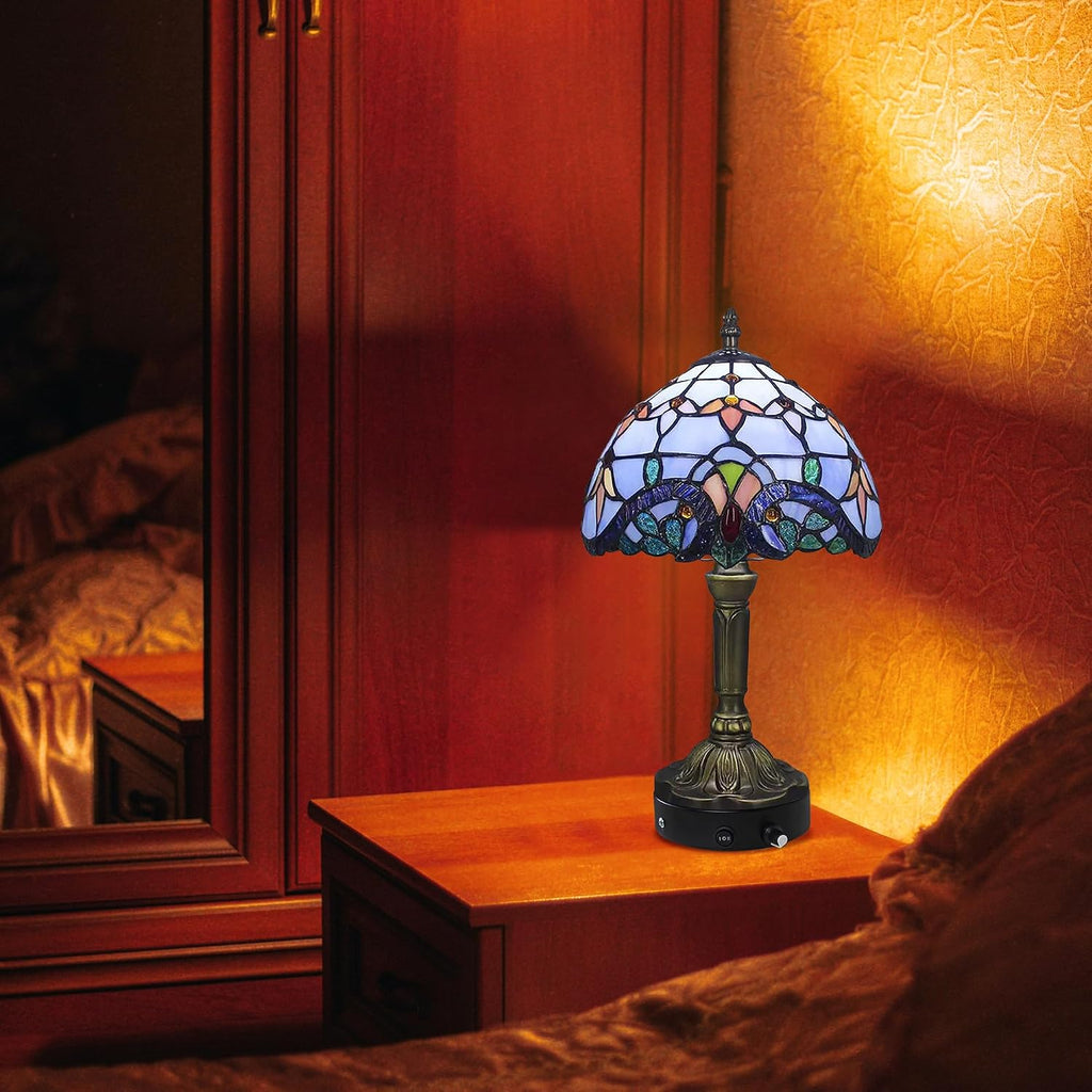 Kiven Cordless Table Lamp,1-Light Dimmable Bedside Lamps for Nightstand with Glass Lampshade, Cordless Tiffany Lamp for Reading Home Decor Bedside TD0873