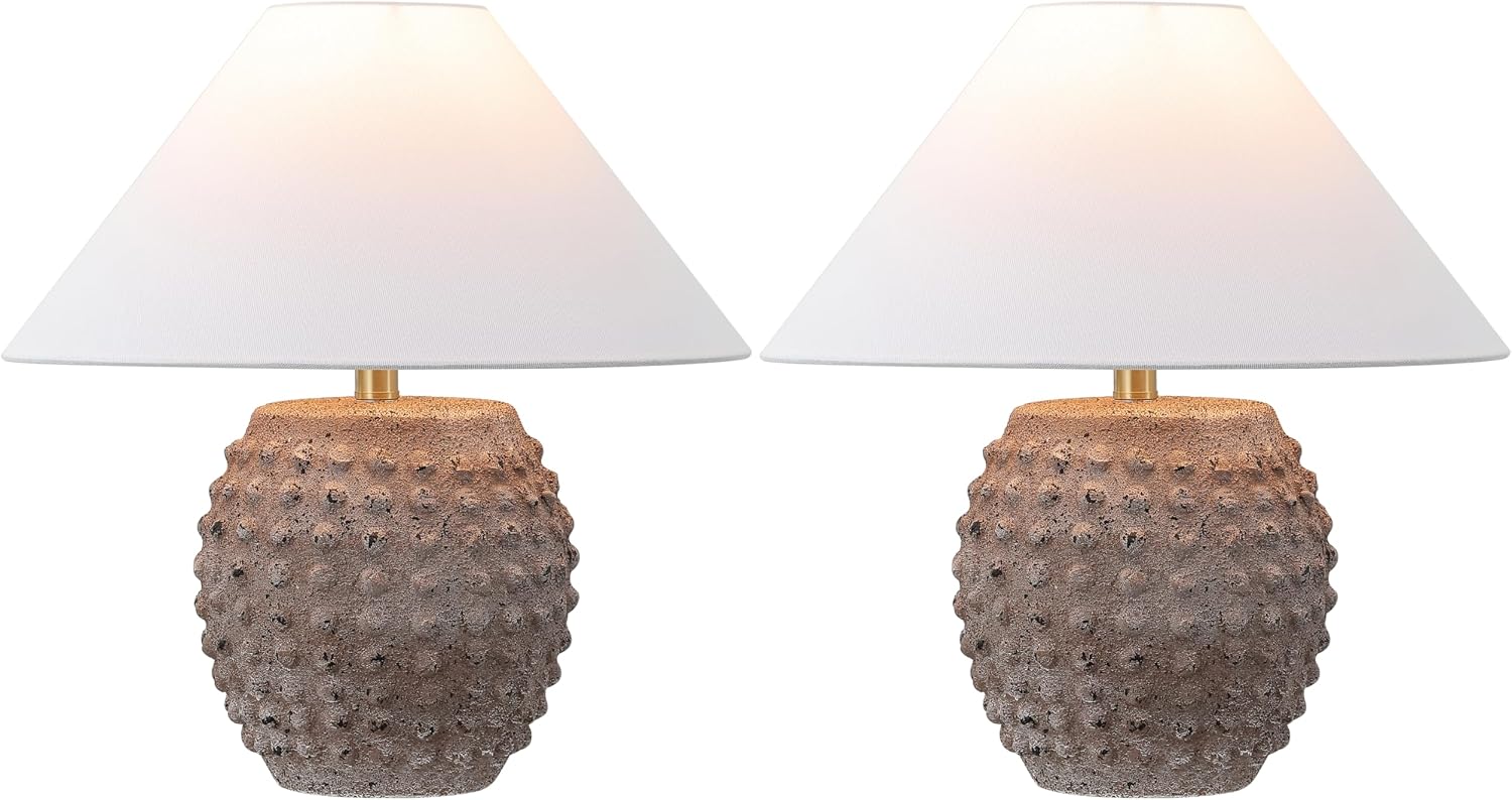 JONATHAN Y 18.25' Matte Taupe Ceramic Hobnail Table Lamp Set of 2 for Bedroom, Modern Minimalist Farmhouse Bedside Nightstand Lamps, White Linen Shade, LED Bulbs Included (JYL5601C-SET2)