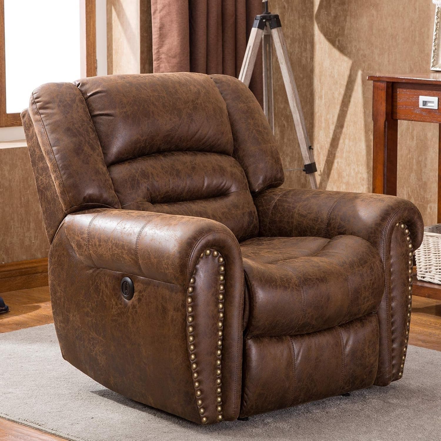 Distinctive Brass Rivets Design Electric Recliner Chair Breathable Bonded Leather Classic Single Sofa Chairs for Home Theater Living Room Bedroom