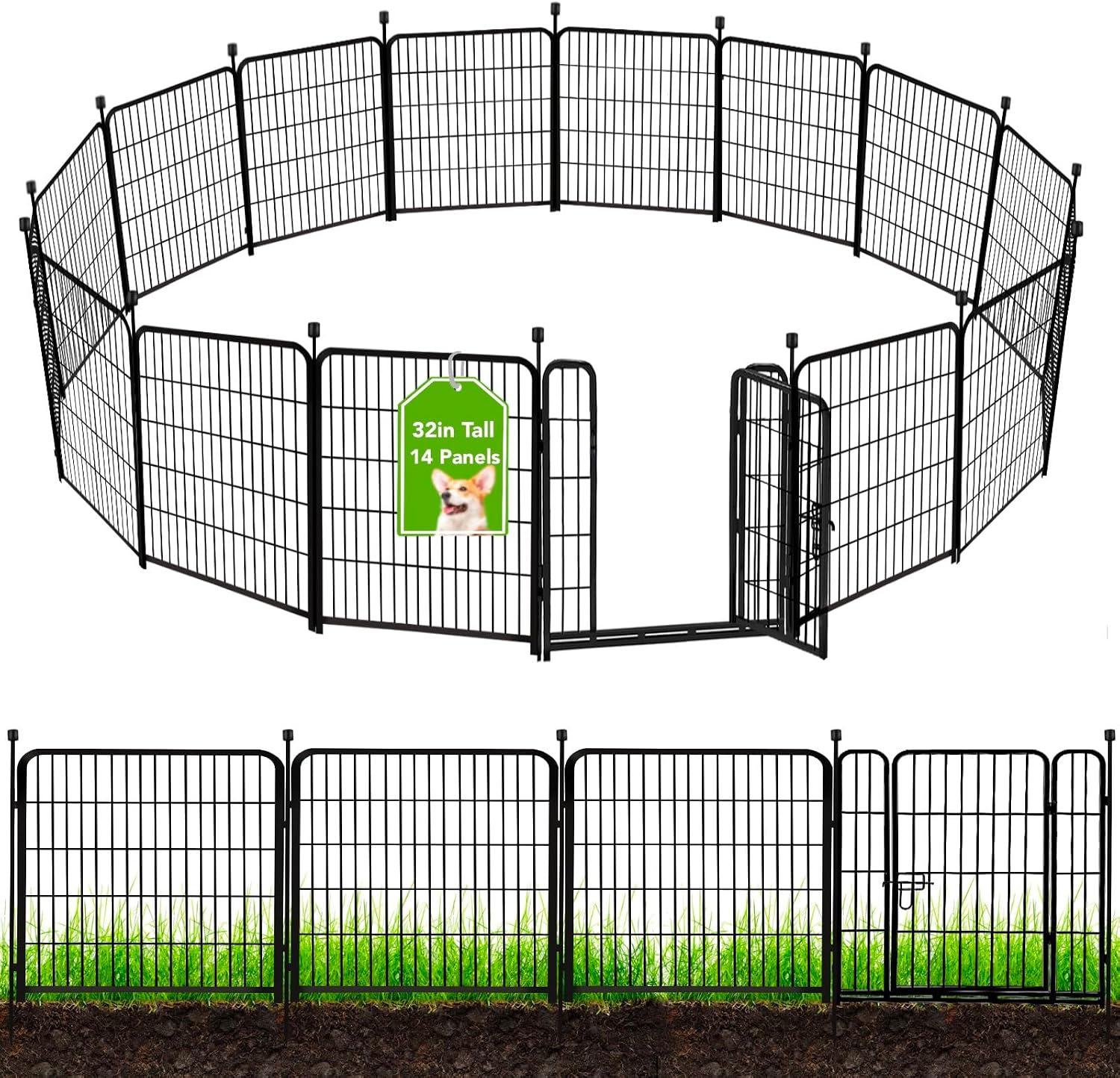 ADAVIN Garden Fence with Gate 32in(H) x 31 ft(L),14 Panels Black Heavy Duty Iron Metal Animal Barrier Fence, Indoor&Outdoor Dog Playpen, Camping Fence, No Dig Garden Border Fencing for Yard