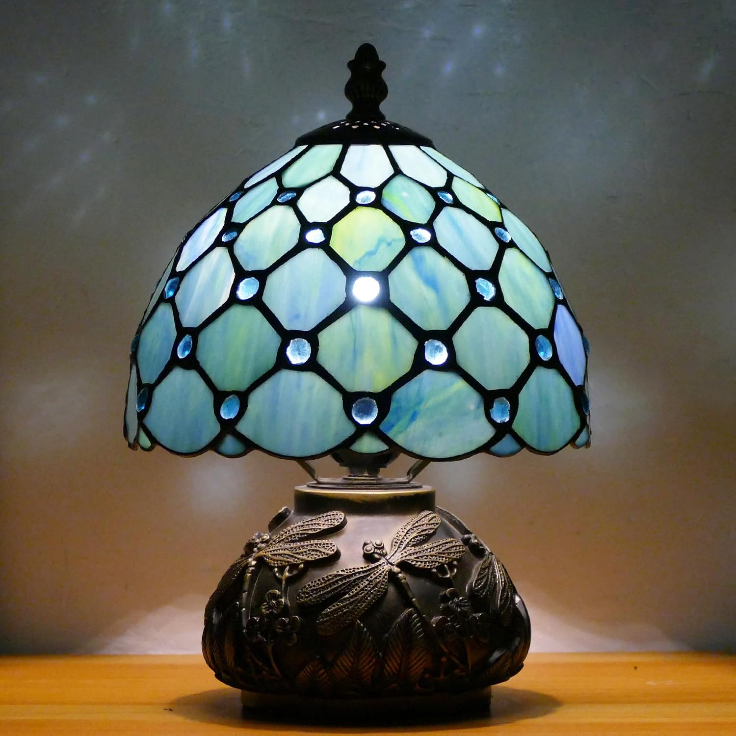 Small Tiffany Lamp Mini Stained Glass Table Lamp Sea Blue Pearl Style Mushroom Memory Sympathy Lamp 8X11 Inch