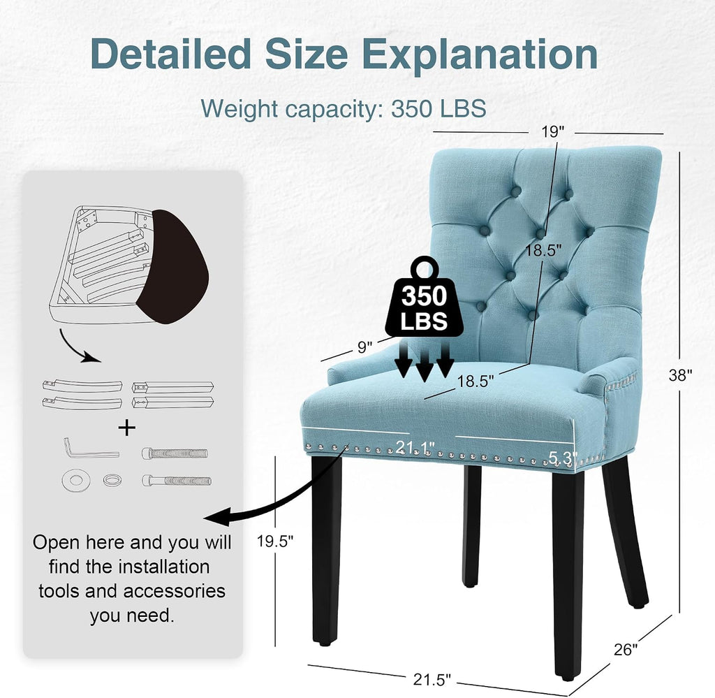 adochr Dining Chairs Set of 2, Mid-Century Modern Kitchen Chairs with Linen Fabric & Wooden Legs, Button-Tufted Back for Dining Room, Metal Rivets and Pull Rings Design, Light Blue