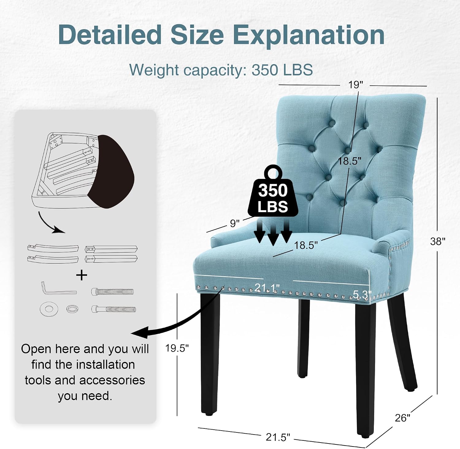 adochr Dining Chairs Set of 2, Mid-Century Modern Kitchen Chairs with Linen Fabric & Wooden Legs, Button-Tufted Back for Dining Room, Metal Rivets and Pull Rings Design, Light Blue