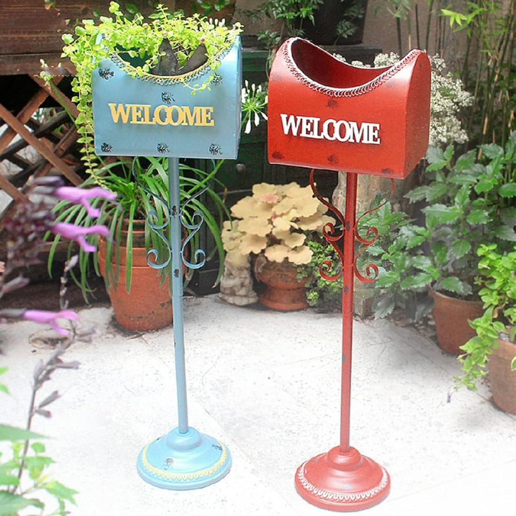 Mailbox Iron Letter Delivery Box with Flower Stand Post Office Box Outdoor Drop Box Floor-Standing Letterbox Box Curbside Mailbox(Rojo)