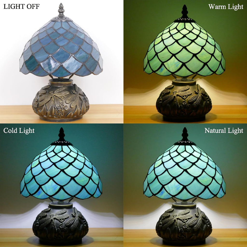 Small Tiffany Lamp Mini Stained Glass Table Lamp Mushroom Memory Sympathy Lamp 8X11 Inch (Fishscale Style)