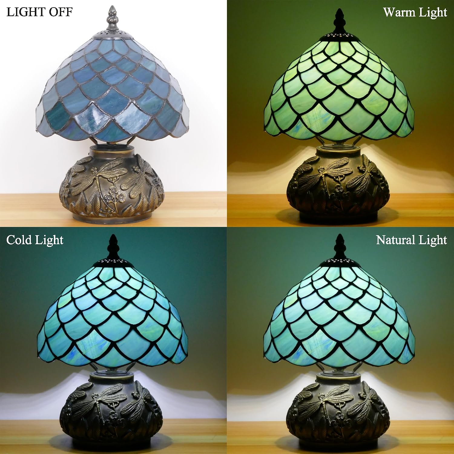 Small Tiffany Lamp Mini Stained Glass Table Lamp Mushroom Memory Sympathy Lamp 8X11 Inch (Fishscale Style)