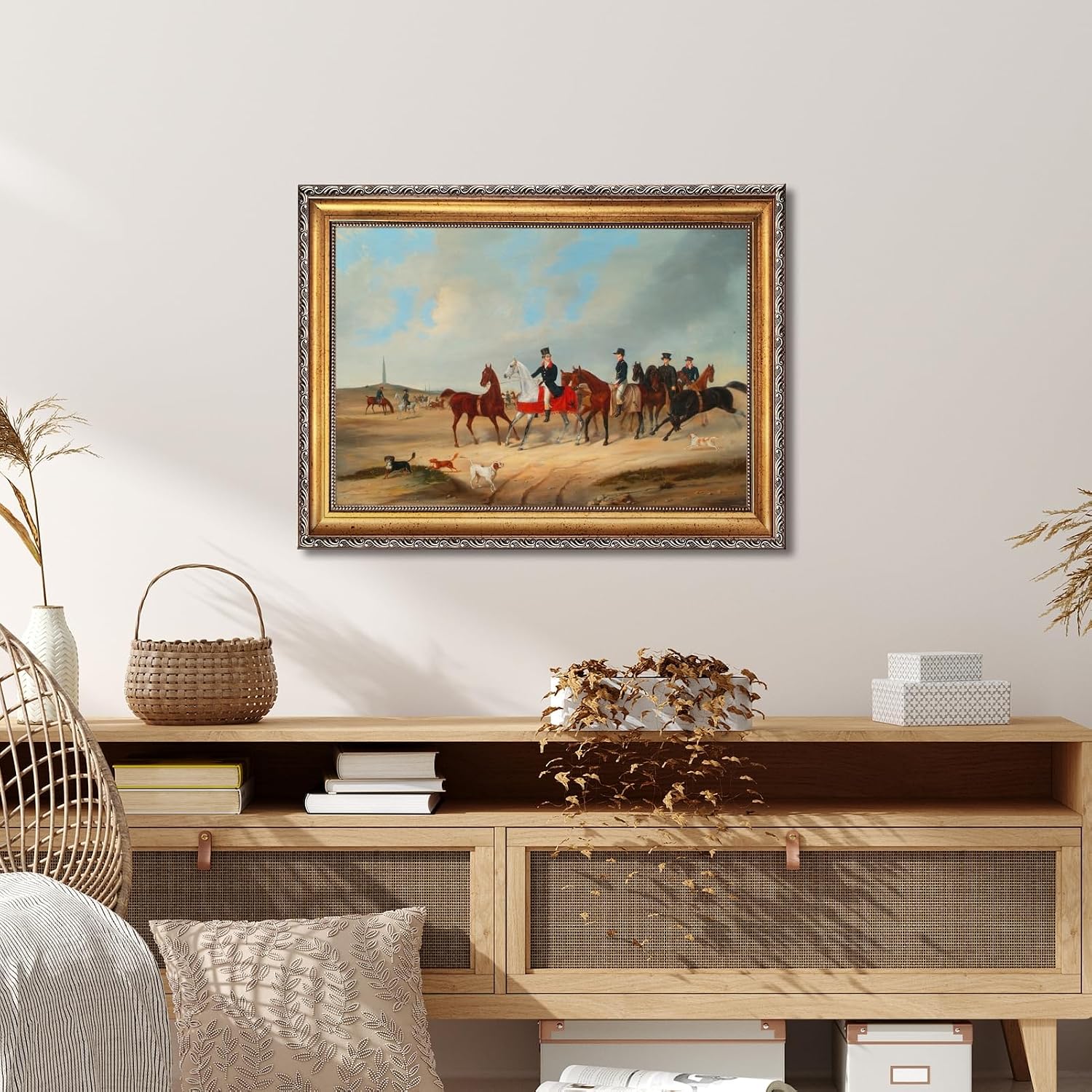 Large Framed Cavalcade with Dogs By August von Rentzel Canvas Wall Art Vintage European Hunting Oil Paintings Reproduction Poster Fox Hunt Equestrian Scene Artwork Prints Home Decor 24x36inch