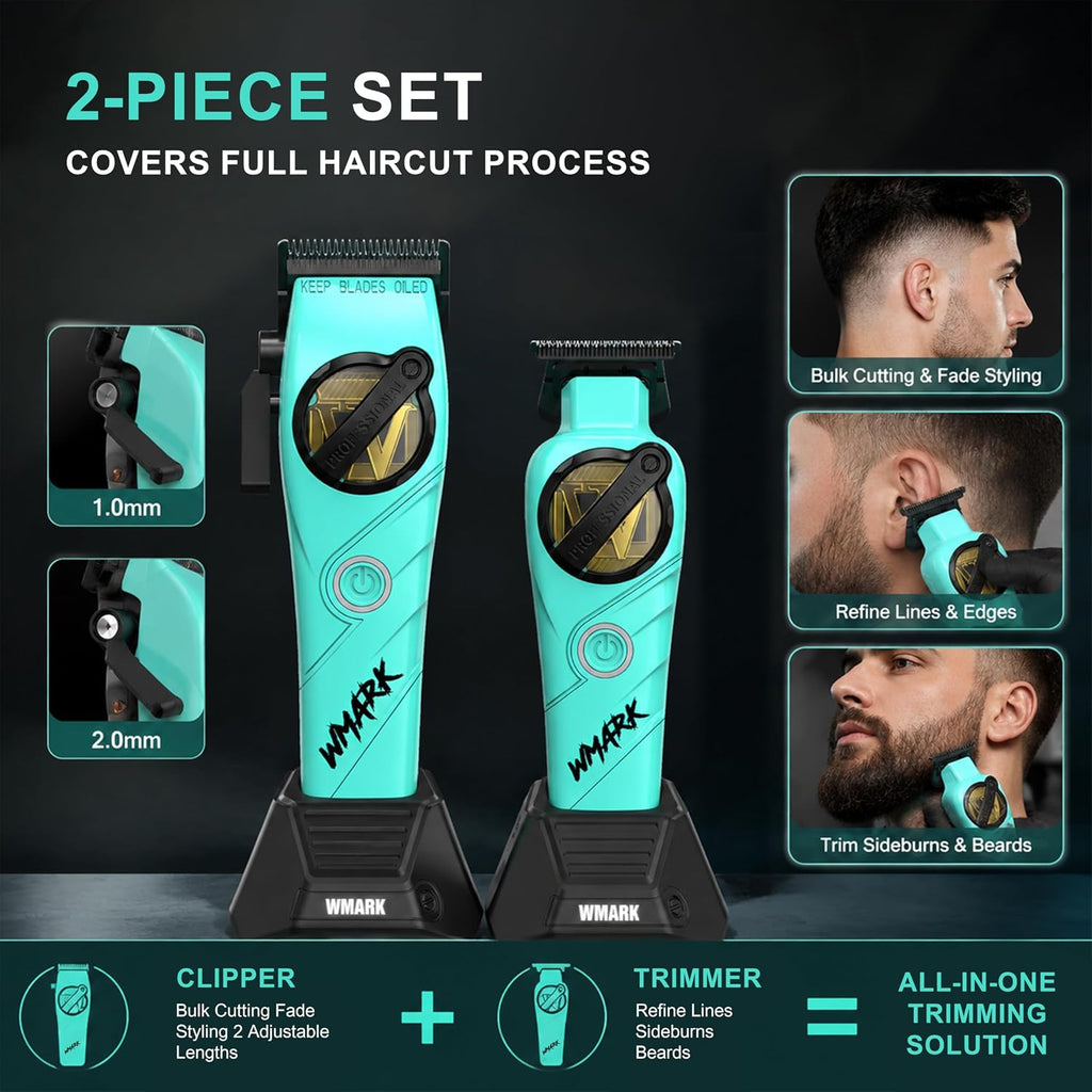 WMARK Professional 2-Piece Haircut Kit for Barber - High-Speed Clipper (7500/8500rpm) & Detail Trimmer (6500/7500rpm), Ceramic Blades, Rechargeable Lithium-Ion Batteries, NG-8613 KIT (Blue)