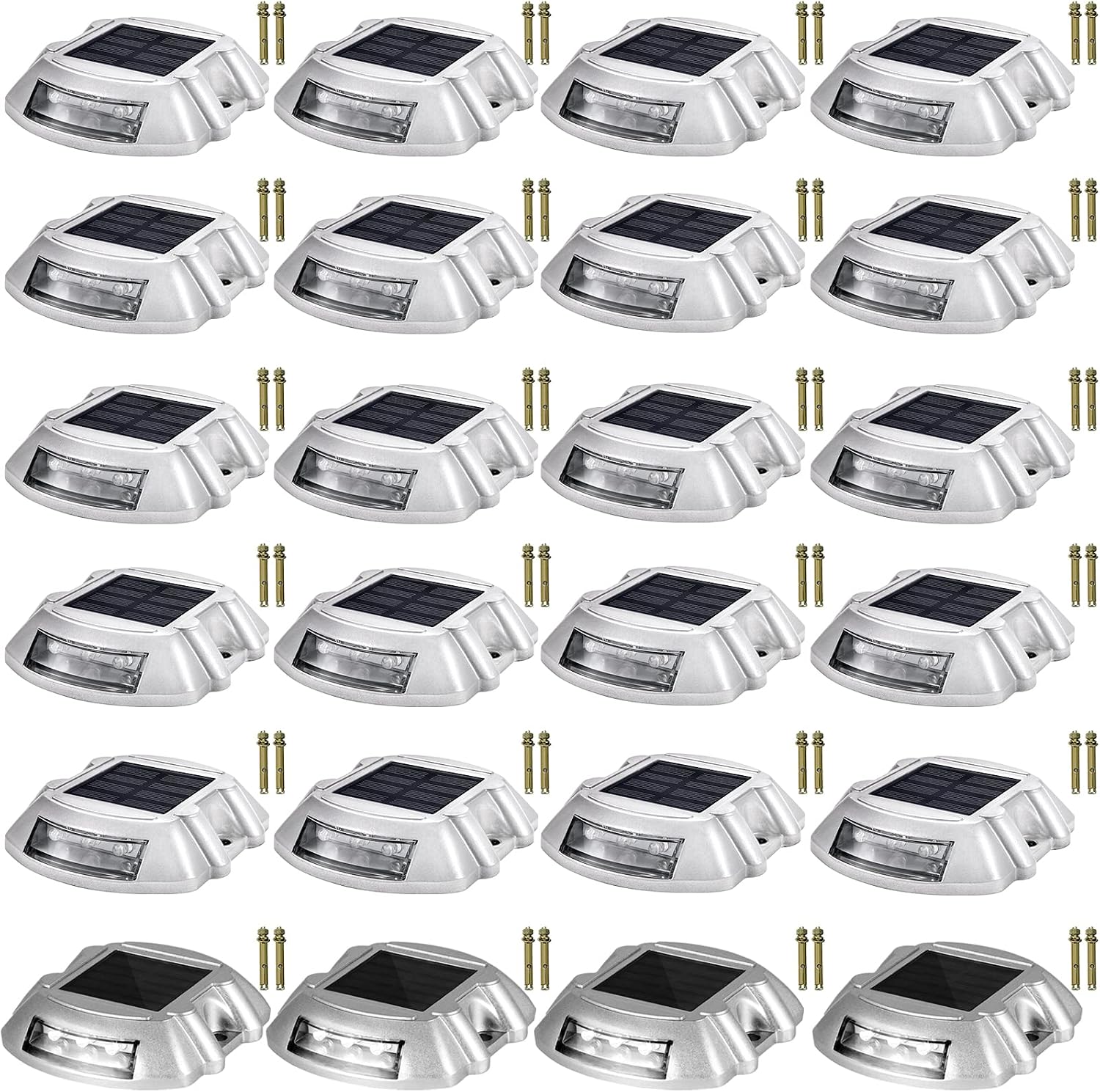 Happybuy Driveway Lights 24-Pack Solar Driveway Lights Bright White with Screw Solar Deck Lights Outdoor Waterproof Wireless Dock Lights 6 LEDs for Path Warning Garden Walkway Sidewalk Steps
