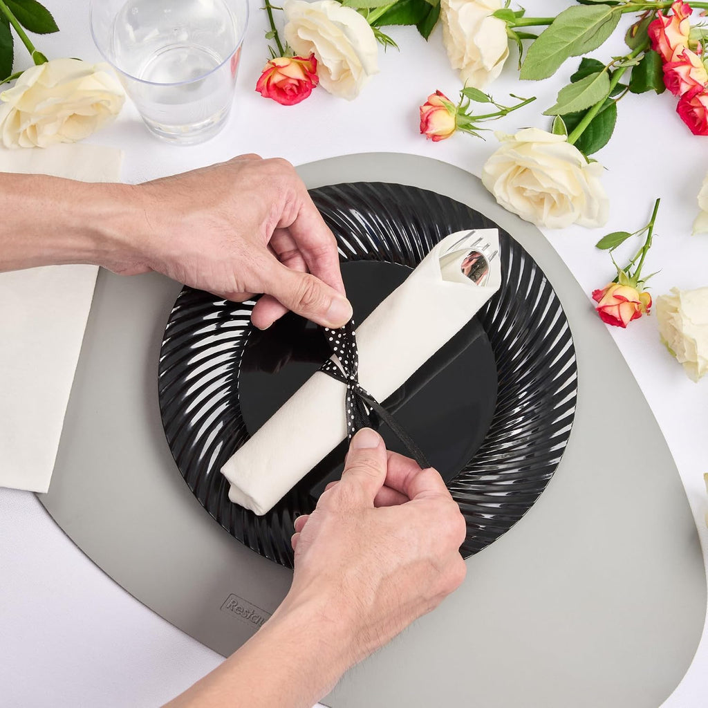 Restaurantware-7.3 Inch x 2 Inch Plastic Cutlery Sets, 100 Flatware Sets - Polka Dot Ribbon, With White Napkin, Individually Wrapped, Silver Plastic Disposable Cutlery Sets, For Weddings And Events