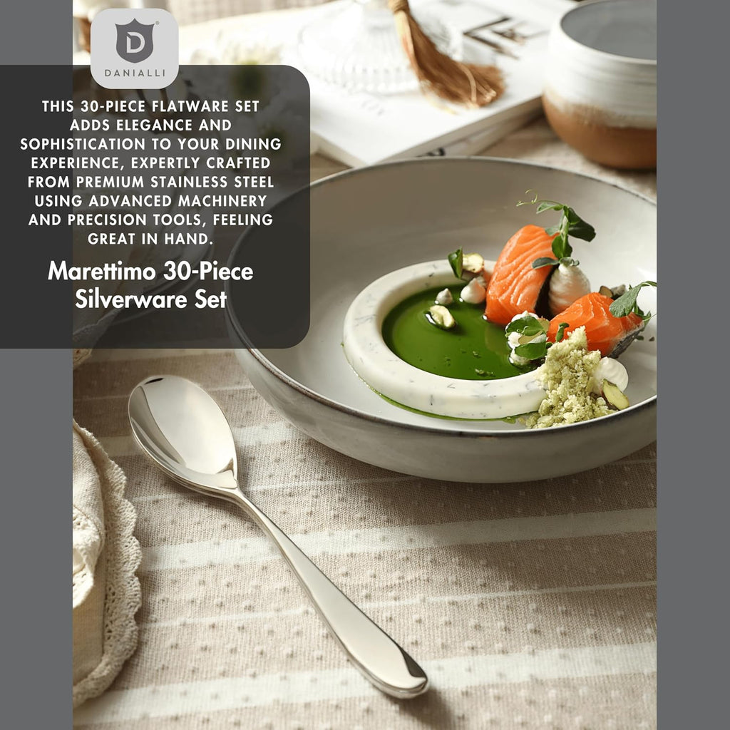 DANIALLI Silverware Set for 6 | 18/10 Stainless Steel Flatware Set | Mirror Finish, Heavy-Duty, Dishwasher Safe, Elegant & Durable, Built to Last (30-Piece, Marettimo)
