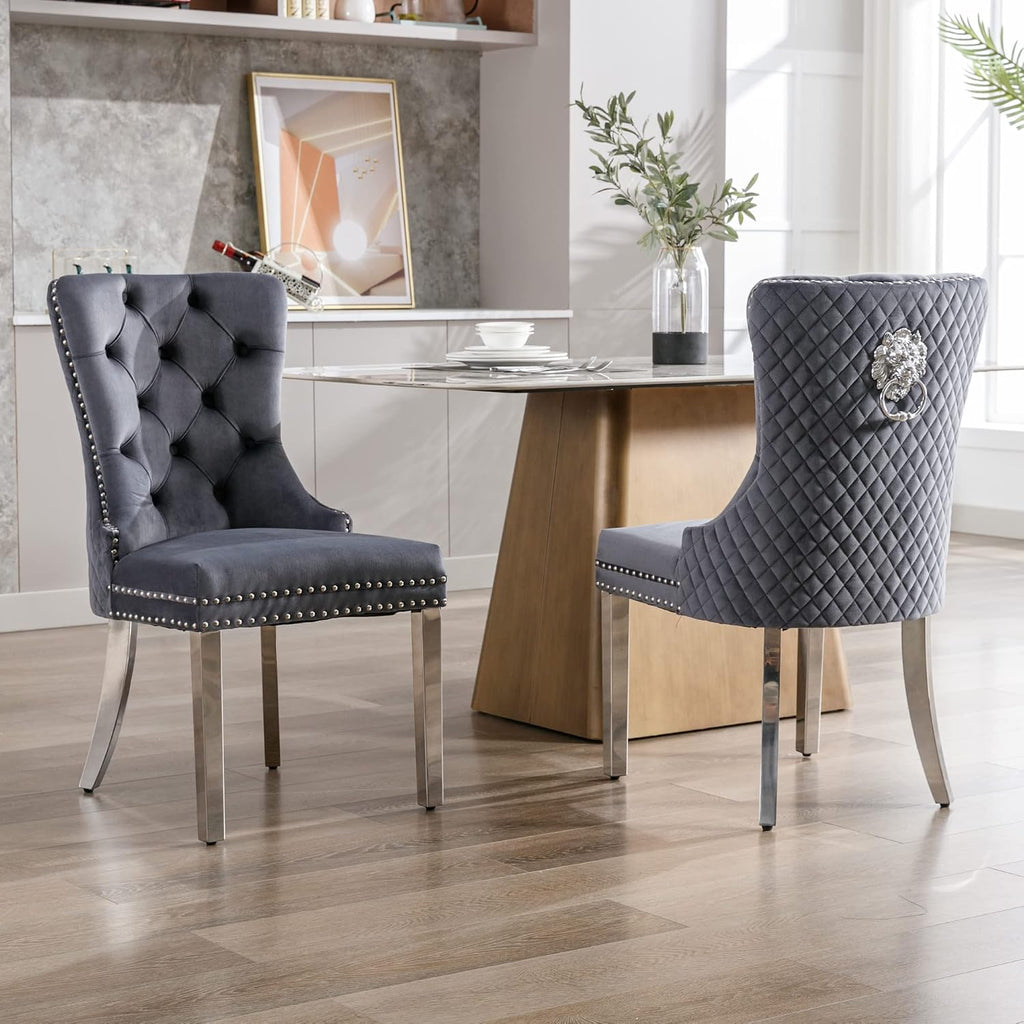 Velvet Dining Chairs Set of 2, Upholstered Dining Room Chairs, Mid-Century Modern Chairs with Diamond Lattice Tufted Back, Lion Pull Ring Rivet Trim, Silver Metal Legs for Kitchen, Dark Grey