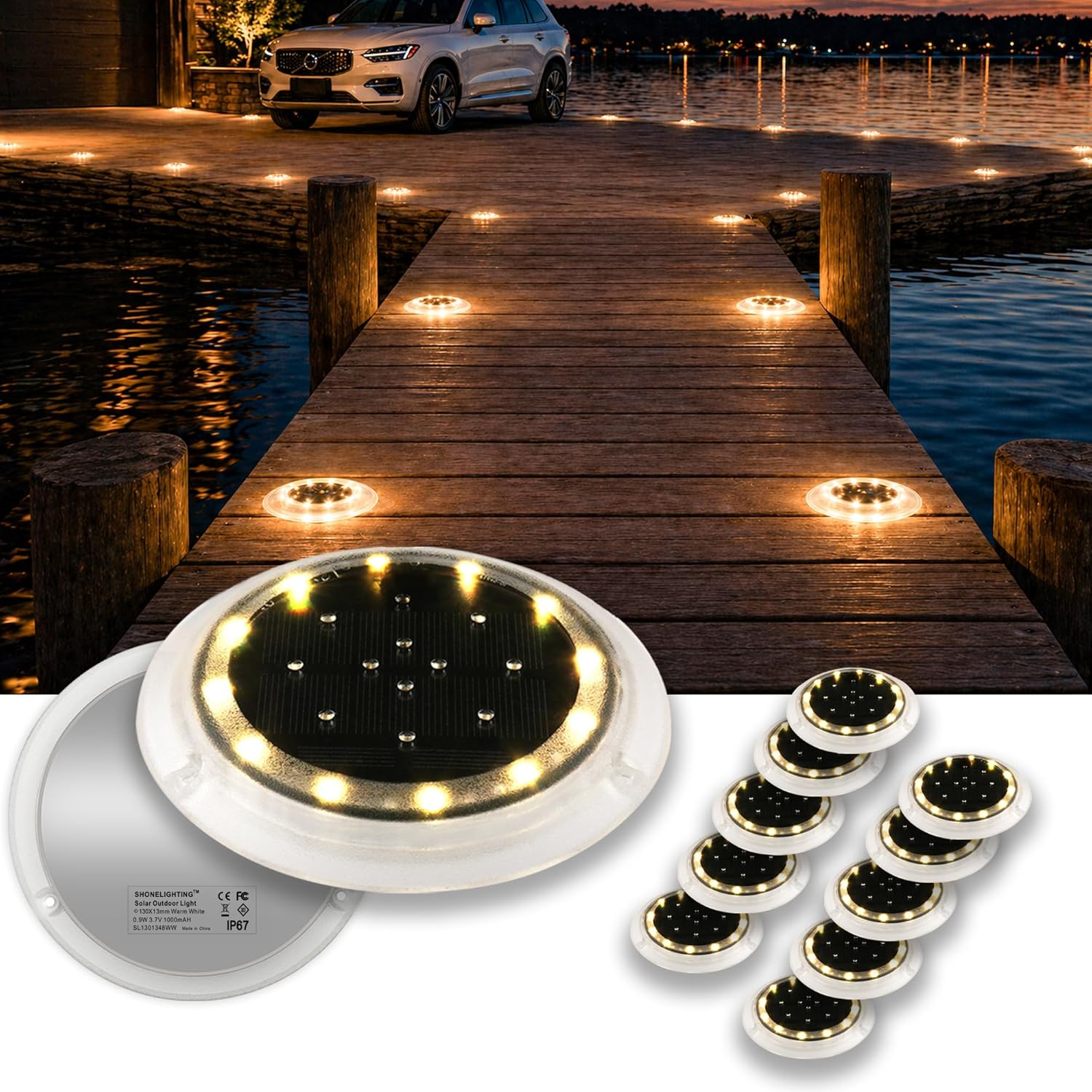 SHONELIGHTING Solar Dock Lights Outdoor Waterproof, Flat Low Profile Disc LED for Deck, Driveway, Ground & Pathway, Anti-Slip & Anti-Trip (Warm White, 12Pack)