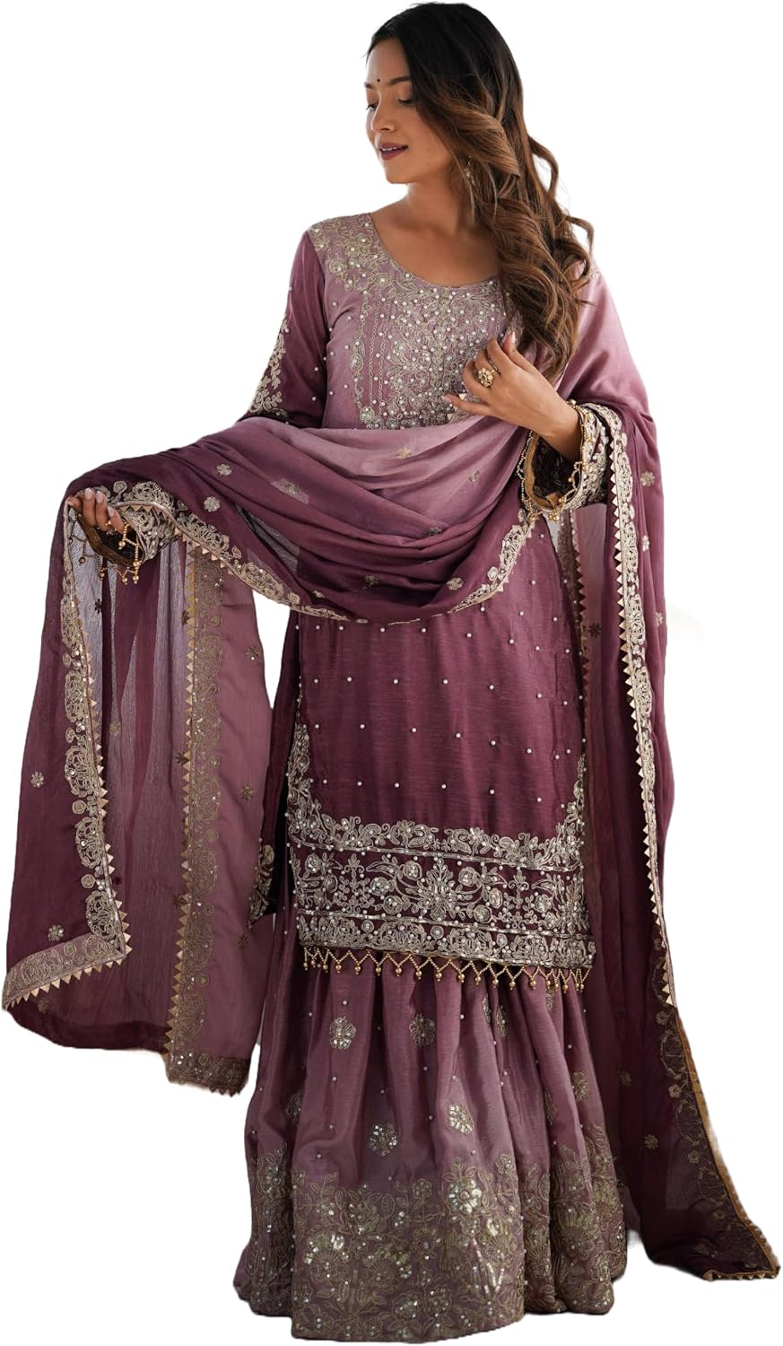 Indian Women's Chinon Silk Fabric Codeing Dori Sequnce Rivet Moti Work Suit 12236