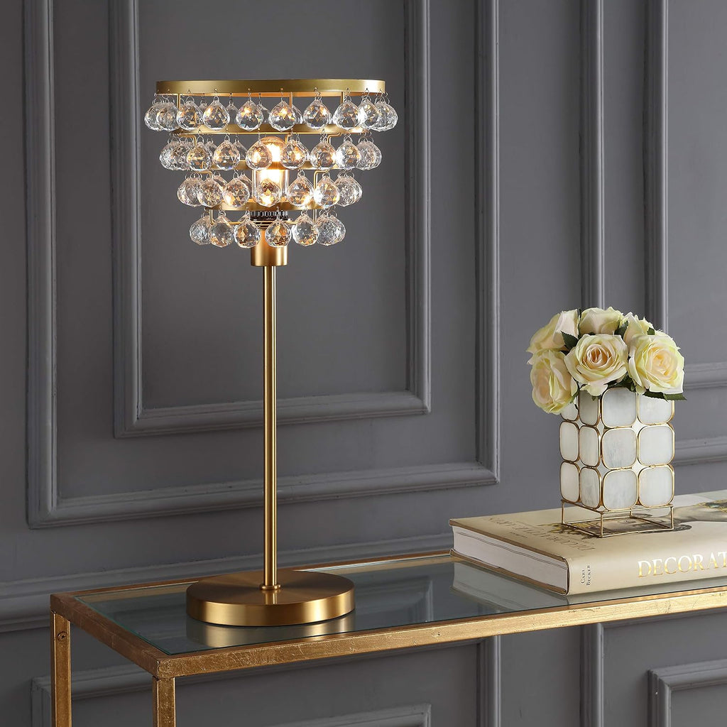 JONATHAN Y 25' Brass Gold/Clear Table Lamp, Modern Industrial Chandelier Style Light, Clear Crystal Beads, Glam Bedside Nightstand Lamp for Bedroom Living Room, LED Bulb Included (JYL9004B)