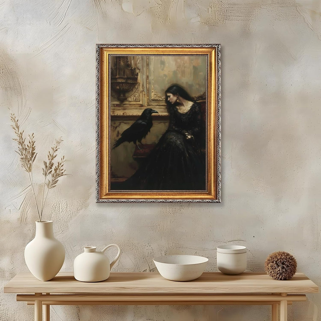 Licpach Retro Gold Frame Wall Art Vintage Gothic Woman Raven Dark Academia Decor Canvas Print Moody Victorian Portrait Painting Horror Aesthetic Artwork Witchy Poster for Bedroom Bathroom 24x36inch