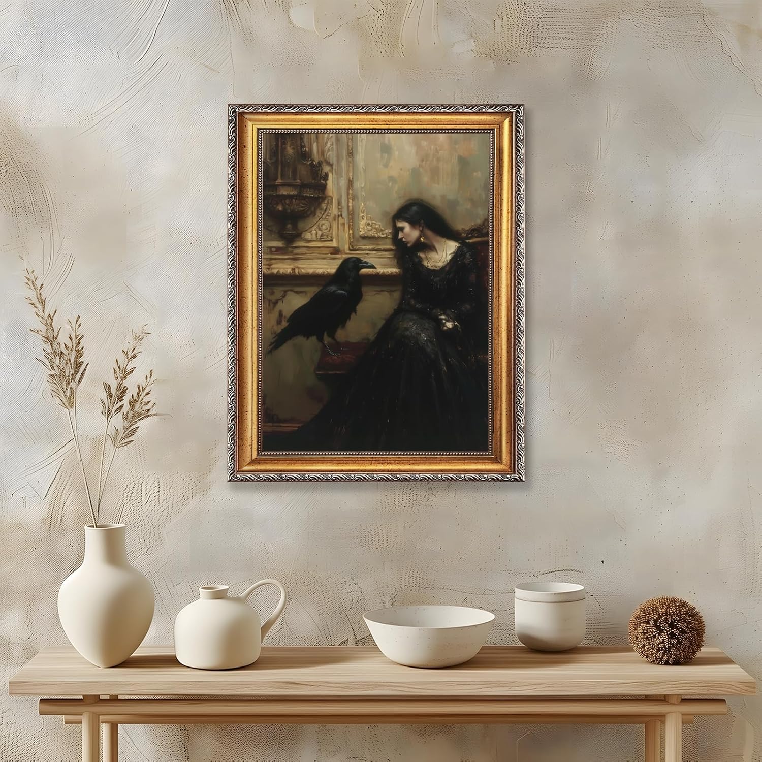 Licpach Retro Gold Frame Wall Art Vintage Gothic Woman Raven Dark Academia Decor Canvas Print Moody Victorian Portrait Painting Horror Aesthetic Artwork Witchy Poster for Bedroom Bathroom 24x36inch