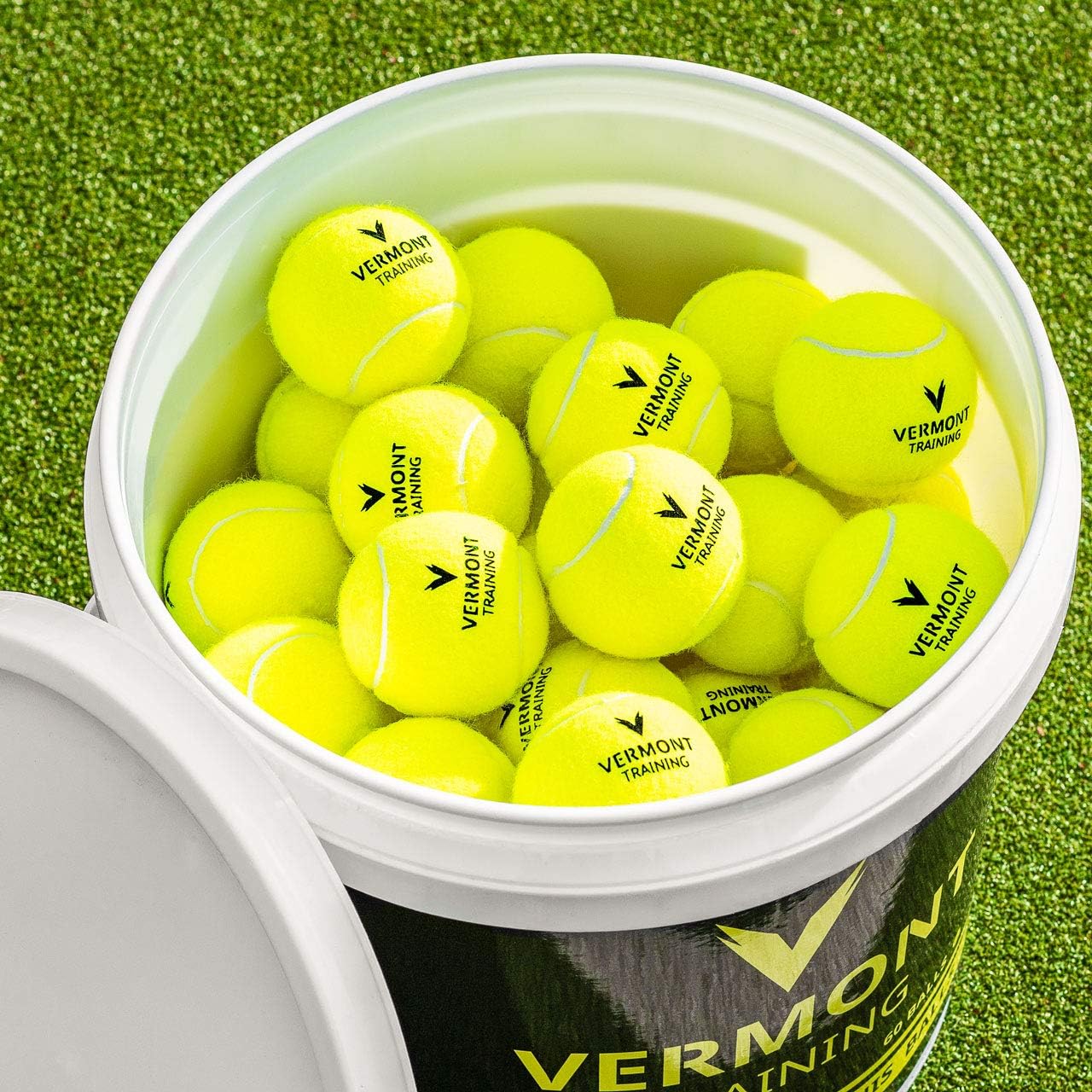 Vermont Training Tennis Balls [60 Balls] | Pressureless Tennis Balls – All Court Surfaces | Tennis Training Equipment | Ball Bucket Included