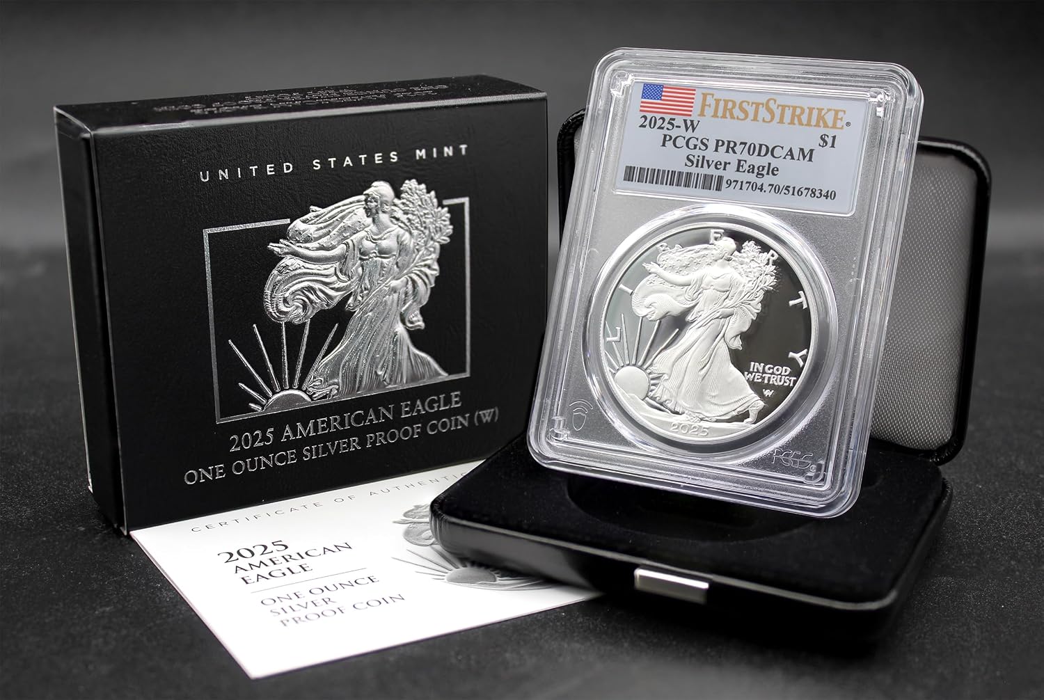 2025 W 1 oz American Silver Eagle Proof Coin PR-70 Deep Cameo (First Strike - Flag Label) with Original Government Packaging $1 PCGS PR70DCAM