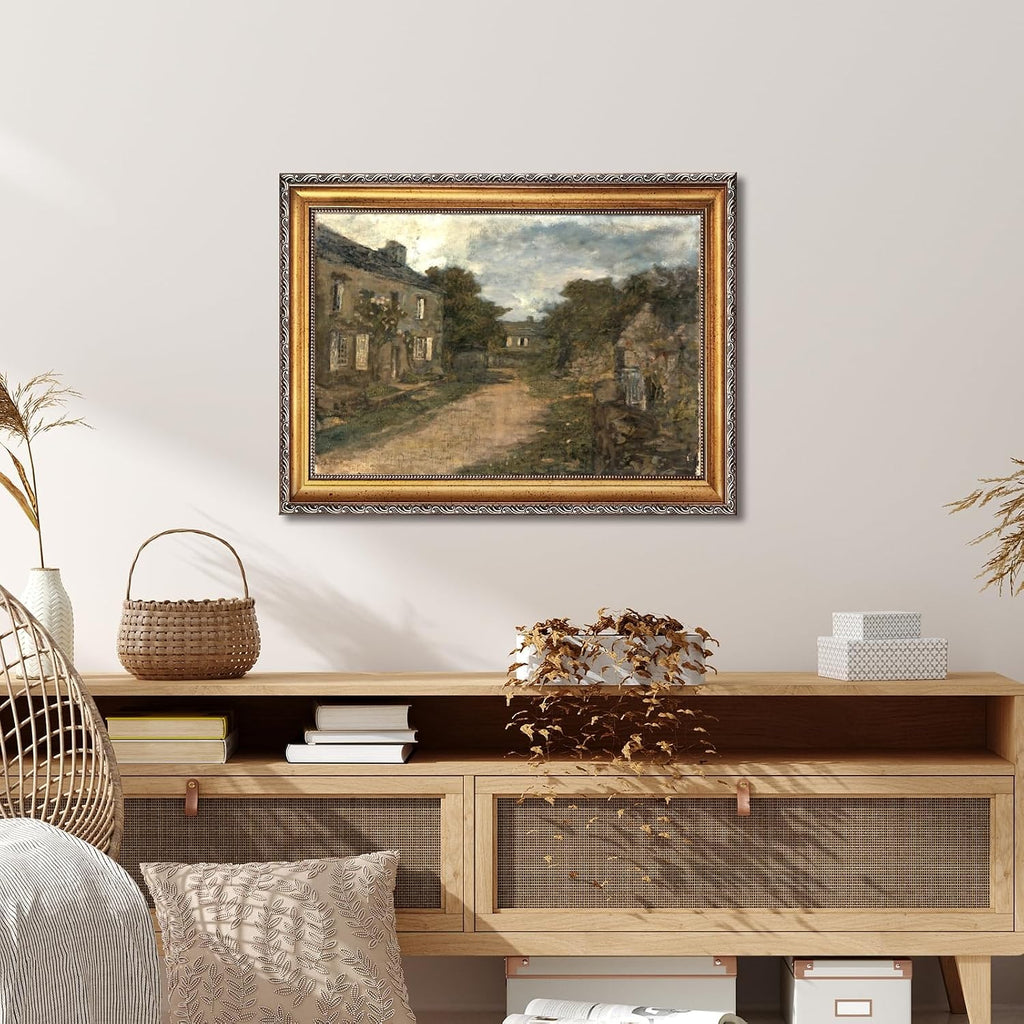 Large Framed Vintage European Village Street Canvas Wall Art Antique Old Town Oil Painting Print Rustic Architectural Landscape Poster Artwork Classic Country Picture Decor for Living Room 24x36inch