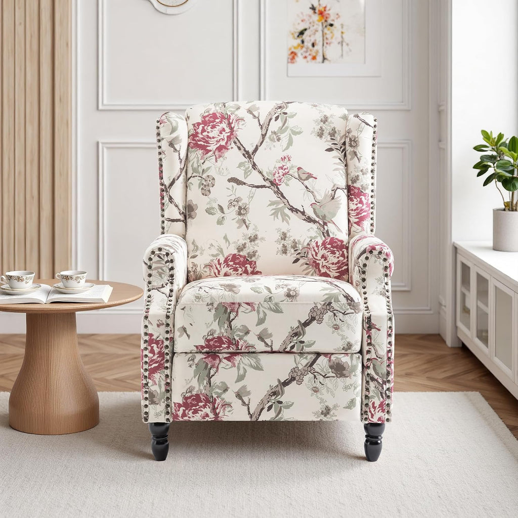 Pushback Recliner Chair, Floral Fabric Wingback Recliner Chair, Upholstered Rivet Trim Armchair Push Back Recliner Accent Chair for Living Room Small Spaces, Plants Floral