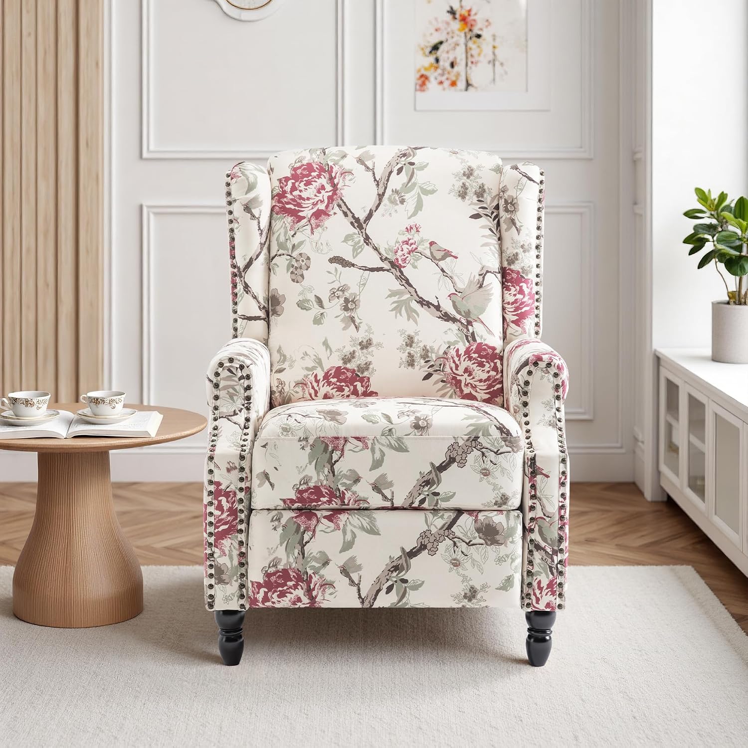 Pushback Recliner Chair, Floral Fabric Wingback Recliner Chair, Upholstered Rivet Trim Armchair Push Back Recliner Accent Chair for Living Room Small Spaces, Plants Floral